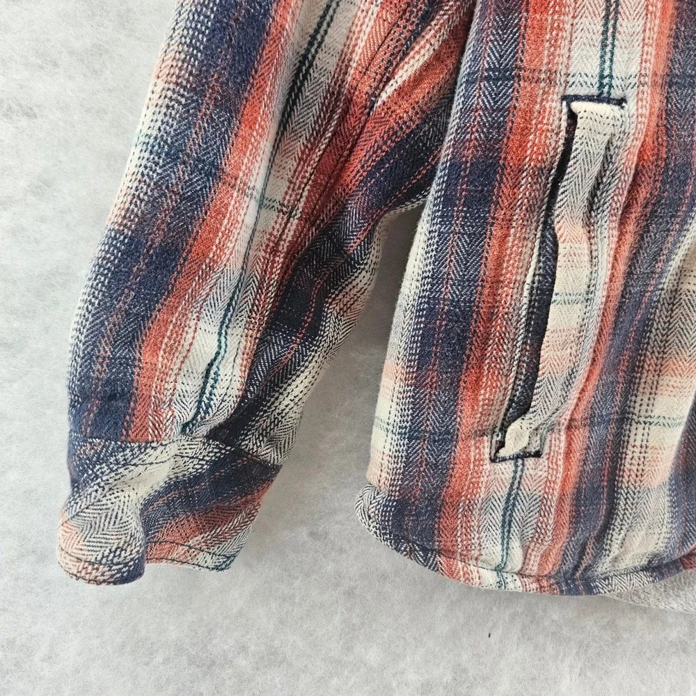 Ariat Boys Hooded Flannel Grey Orange Blue Shirt Jacket Plaid Button Down Medium